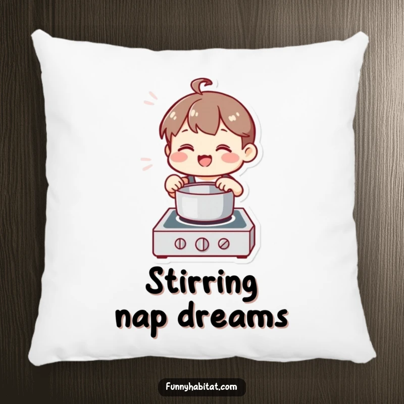 Funny Chef Pillow, a happy character stirs a pot on a stove, looking pleased, soft and decorative.