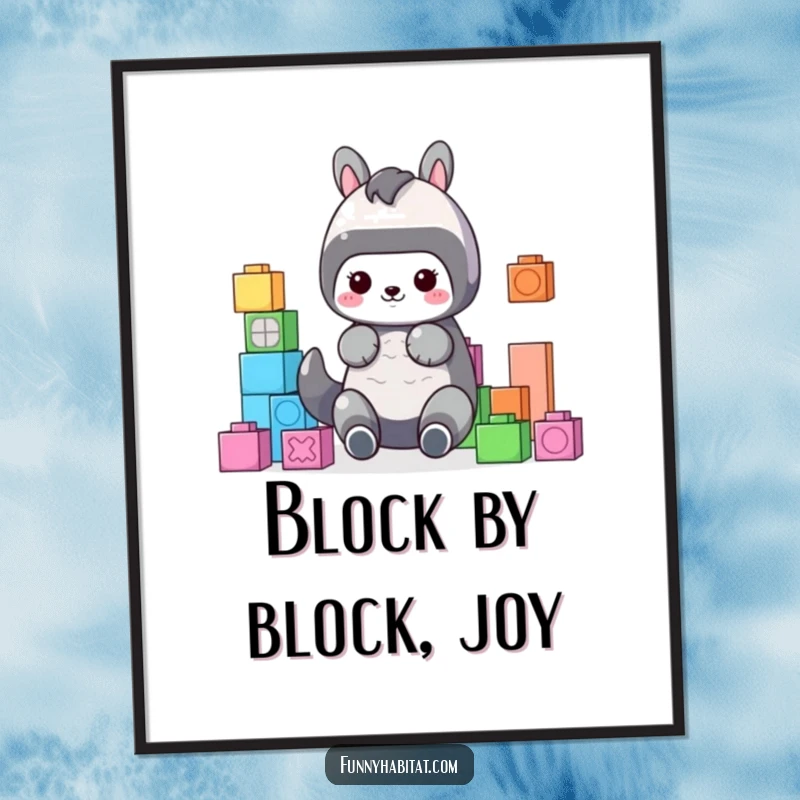 Funny Digital Art Print of a cute animal character organizing colorful building blocks, representing playful order and humorous creativity.
