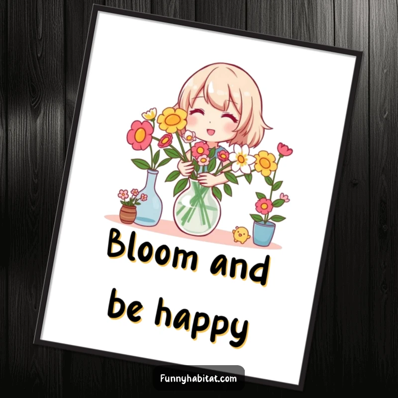 Funny digital art print of a happy character joyfully arranging a vase of colorful flowers, a beautiful and humorous piece.