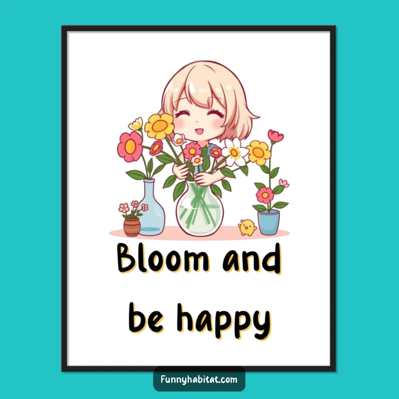 Funny Florist Digital Art: Happy Character Arranging Flowers Print