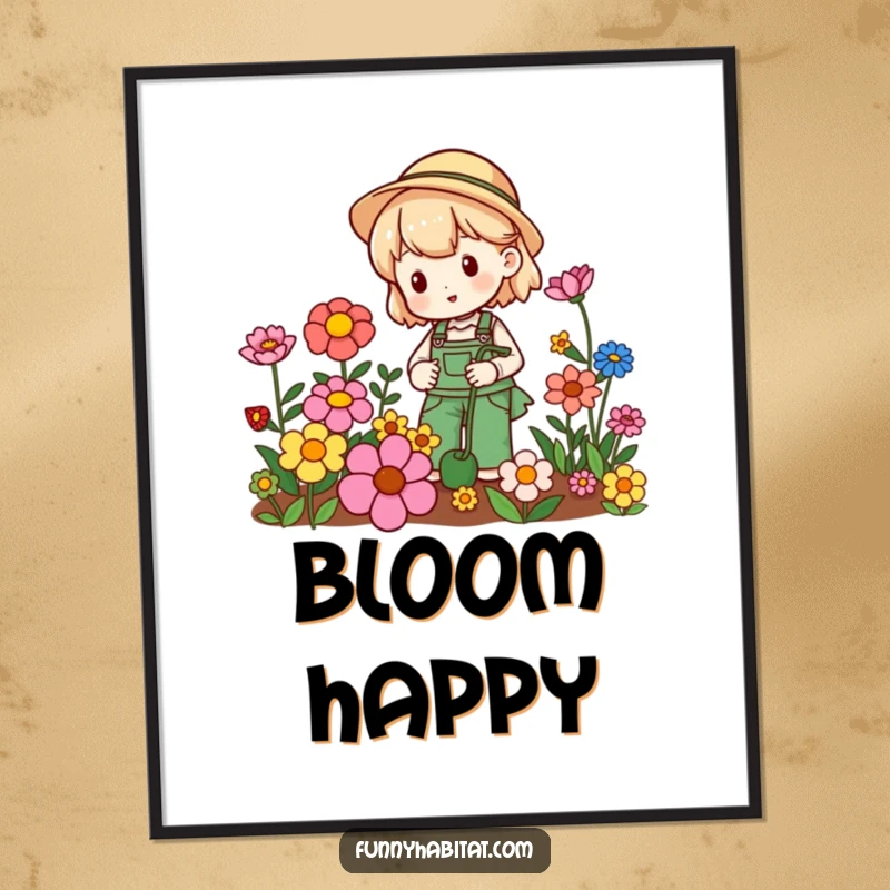Funny digital art print of a smiling gardener character happily tending to a row of colorful, blooming flowers.