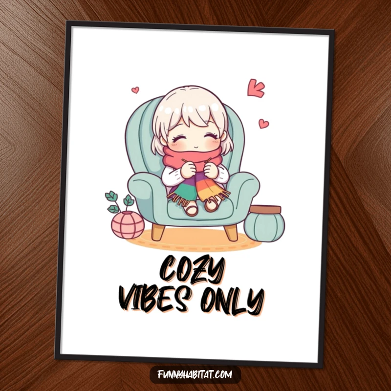 Funny digital art print of a cute character knitting a colorful scarf in a cozy armchair, offering instant humorous decor.