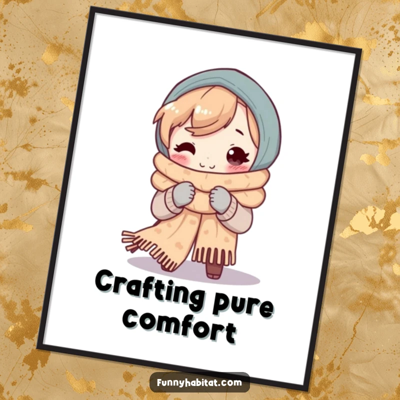 Funny digital art print of a smiling character knitting a cozy, oversized scarf, evoking feelings of warmth and comfort.