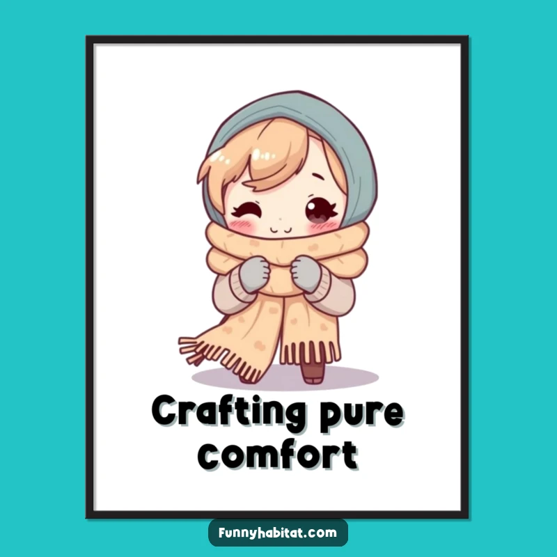Funny Knitting Character Art Print: Cozy Scarf Maker Decor