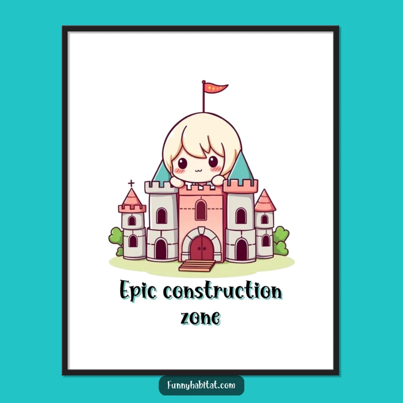 Funny Kawaii Builder Digital Print: Playful Castle Art, Instant Funny Gift