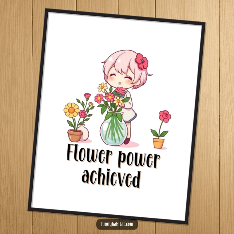 Funny Digital Art Print: A character cheerfully arranges flowers in a vase, bringing vibrant color and humorous floral charm.