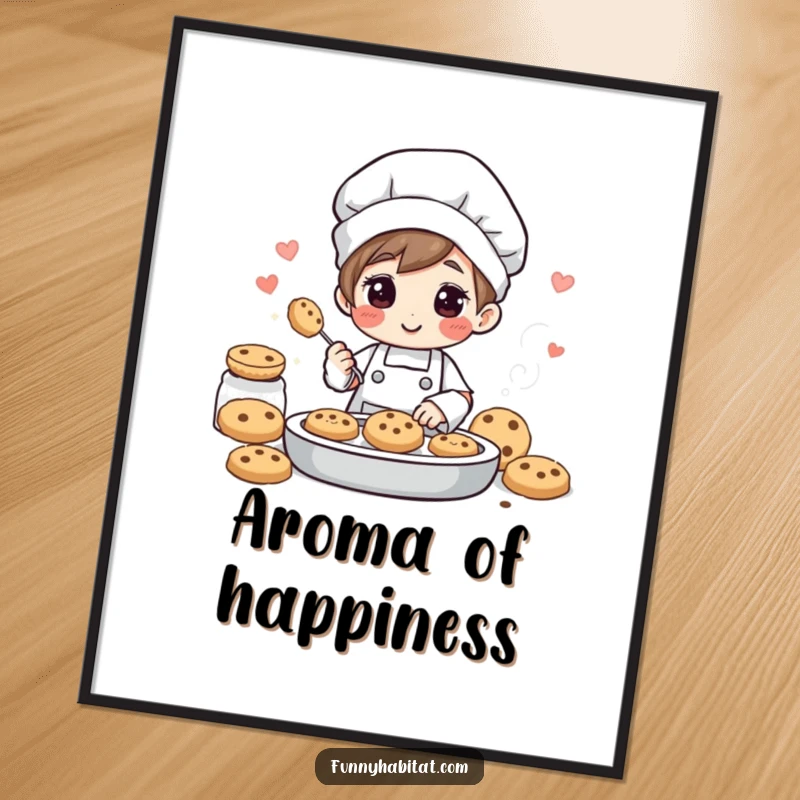 Funny digital art print of a cheerful character baking cookies, with sweet aromas implied, perfect for kitchen or home decor.