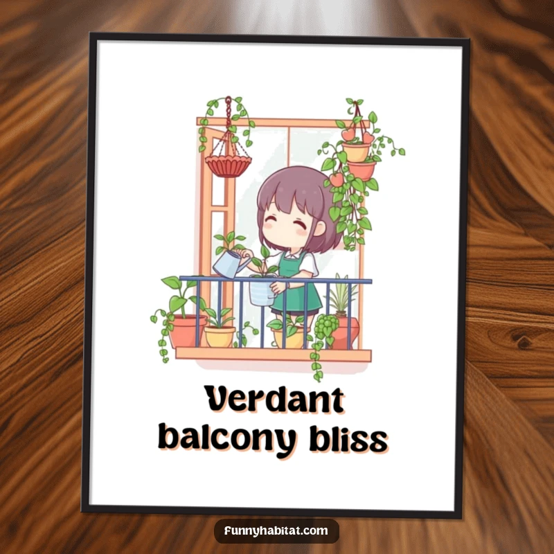 Funny digital art print of a character happily watering hanging plants from a balcony, ideal for cheerful and humorous wall decor.