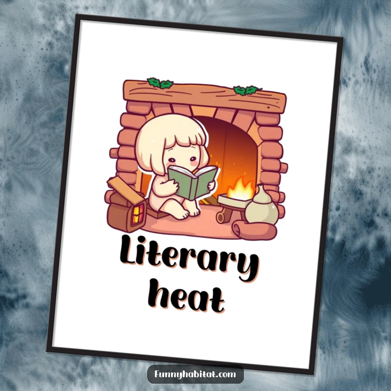 Funny digital art print of a character reading by a warm, glowing fireplace, evoking a sense of peace and comfort.