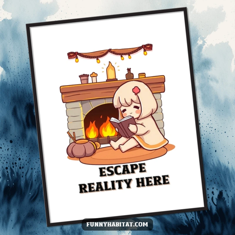 Funny character engrossed in a book by a softly glowing fireplace, in a digital art print.