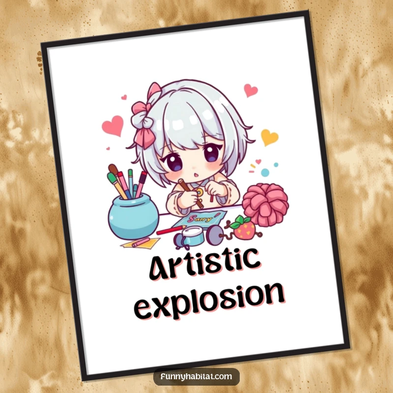 Funny digital art print of a character diligently working on a colorful and vibrant craft project, celebrating handmade art.