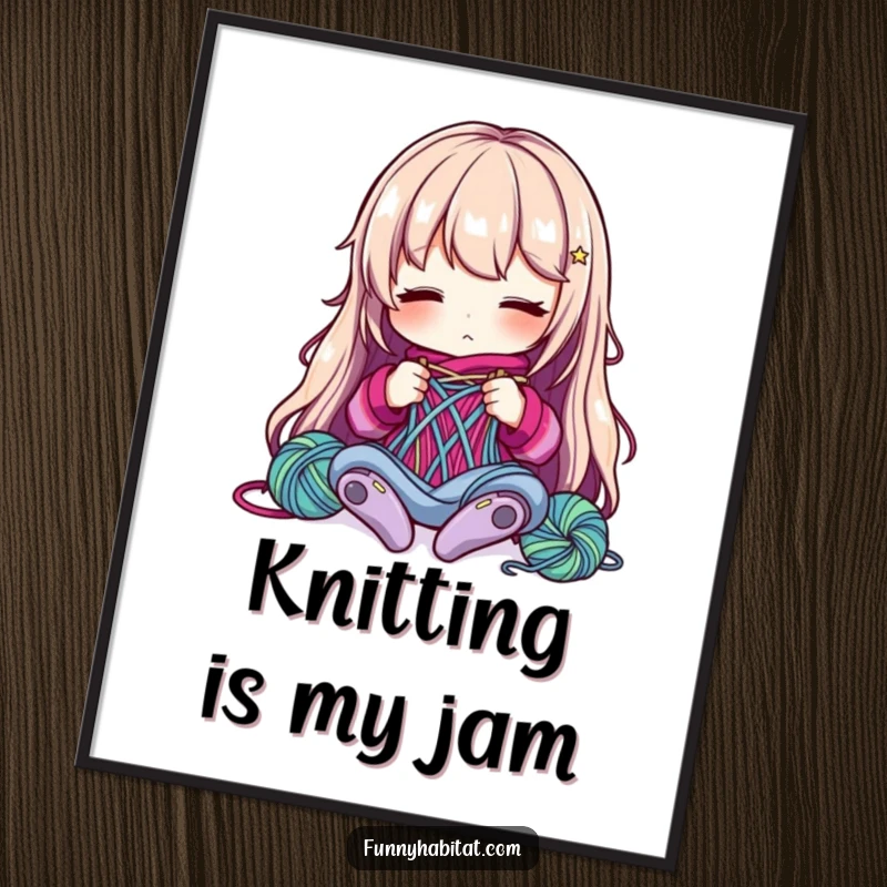 Funny Digital Art Print: A character intensely knits with colorful yarn, embodying focus, creativity, and humorous craft appreciation.
