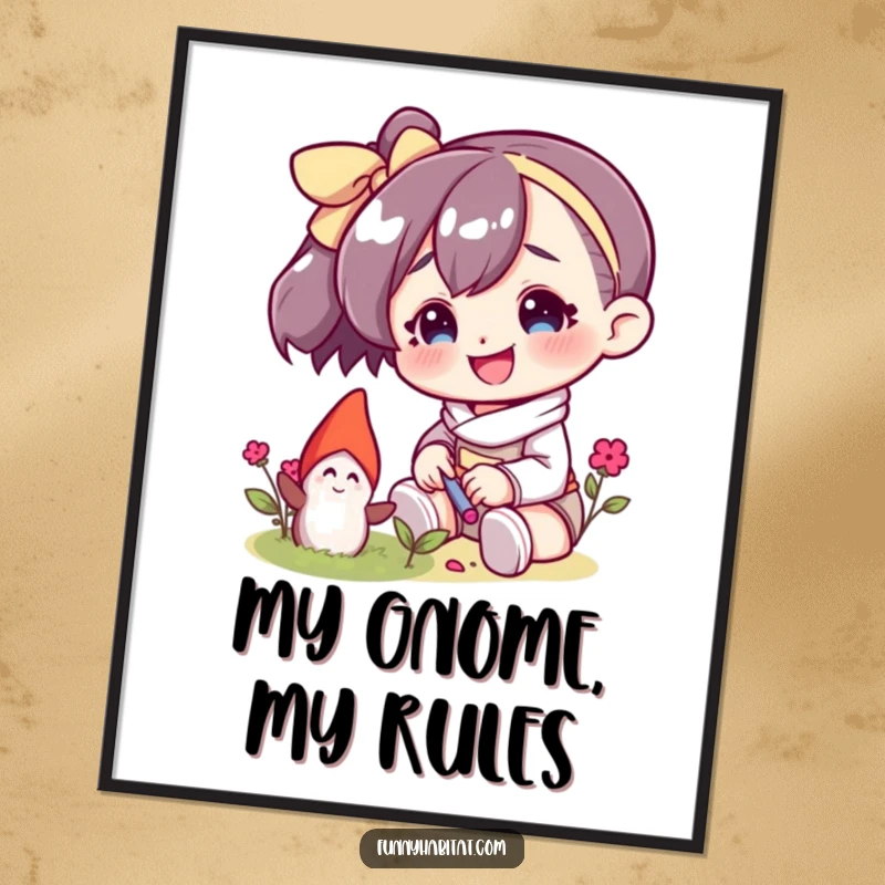 Funny digital art print of a character with a bright smile tending to a small garden gnome, ideal for whimsical wall decor.