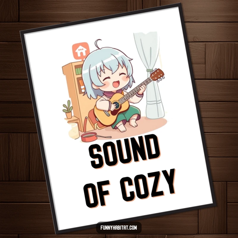 Funny digital art print of a character enthusiastically playing a musical instrument in a cozy room; vibrant and humorous wall decor.