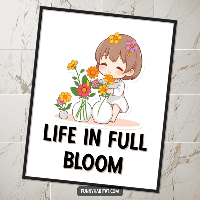 Funny digital art print of a character arranging a colorful vase of flowers, evoking feelings of joy and natural beauty.