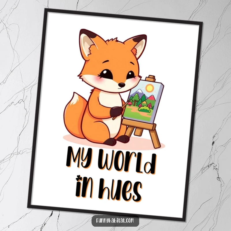 Funny fox character painting a vibrant landscape on a miniature canvas, humorous and inspiring digital art for decor.