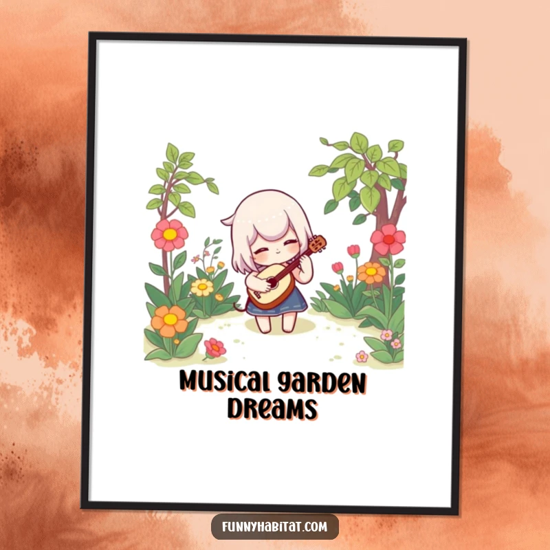 Funny digital art print of a character playing a whimsical instrument in a garden, ideal for cheerful and humorous wall decor.