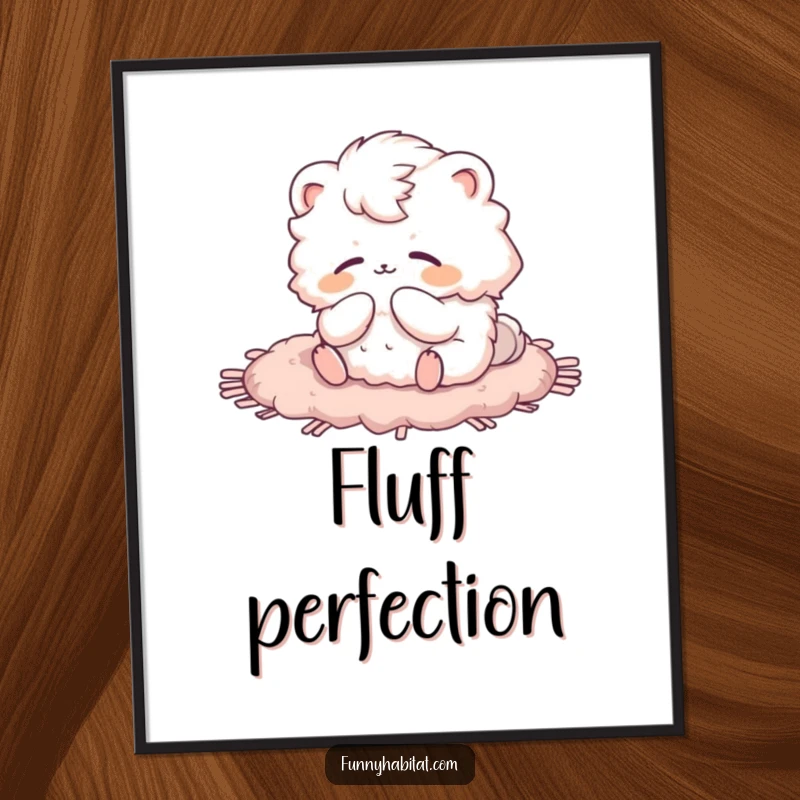 Funny digital art print of a fluffy animal character grooming on a soft rug, perfect for immediate download.