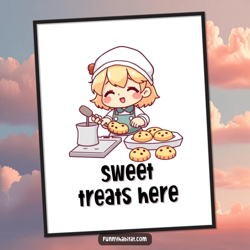 Funny digital art print of a character happily baking cookies with a tray full of treats nearby; vibrant and humorous kitchen decor.