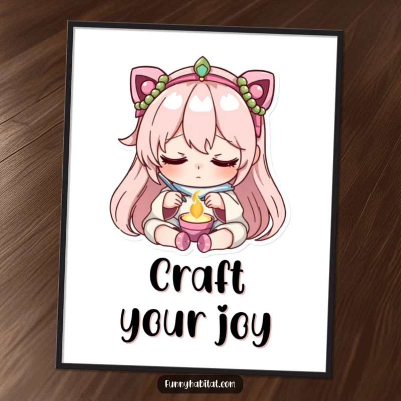 Funny digital art print of a character with focused, peaceful concentration crafting beautiful jewelry, a calm and artistic piece.