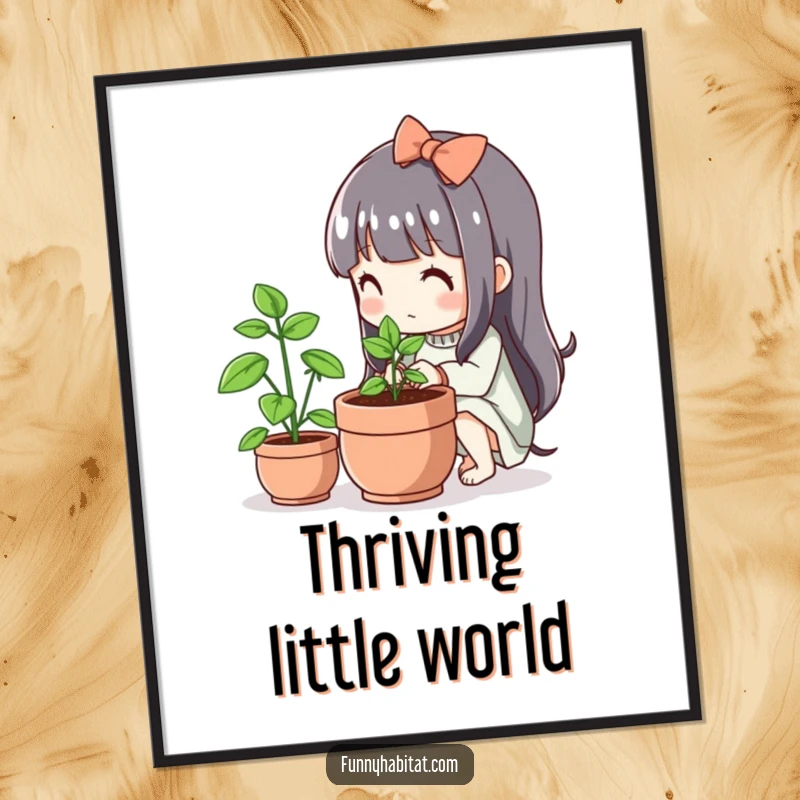 Funny Kawaii Digital Art Print, a cute character tends a small flourishing plant, serene and humorous decor.