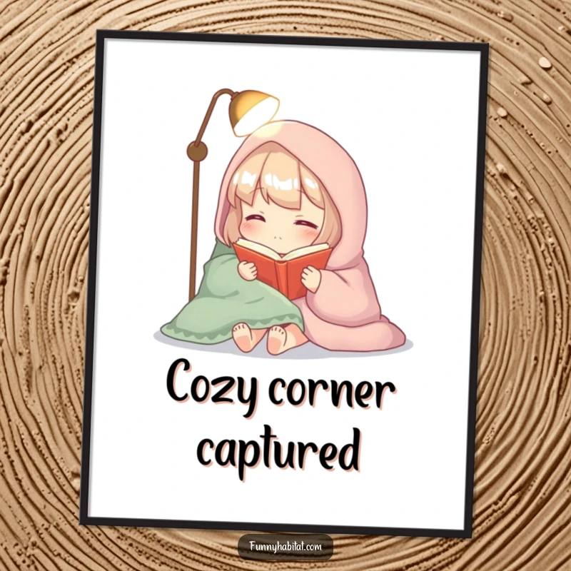 Funny digital art print of a cozy character wrapped in a blanket, reading a book by soft lamplight, ready to frame.