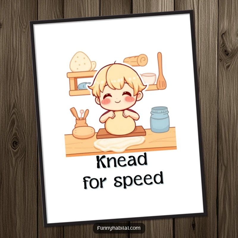 Funny Digital Art Print: A happy character joyfully kneading dough on a rustic wooden counter.