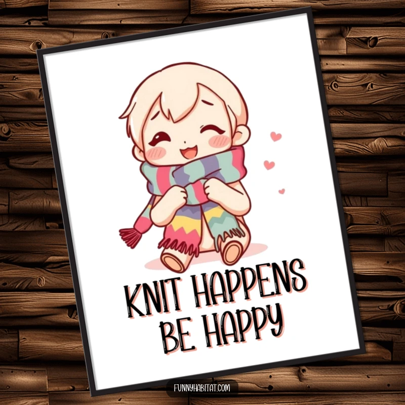 Funny digital art print of a content, smiling knitter character knitting a long, colorful scarf, a heartwarming and humorous piece.