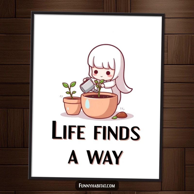 Funny character with a watering can, tending a tiny sprout in a pot, in a digital art print.