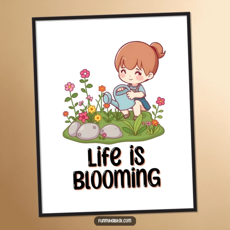 Funny digital art print of a character watering a vibrant miniature garden, offering instant humorous botanical decor.