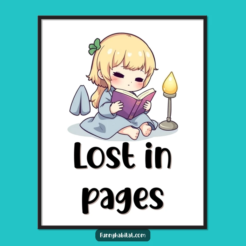 Funny Digital Art: Cute Reading Character Lamp Scene, Humorous Wall Decor