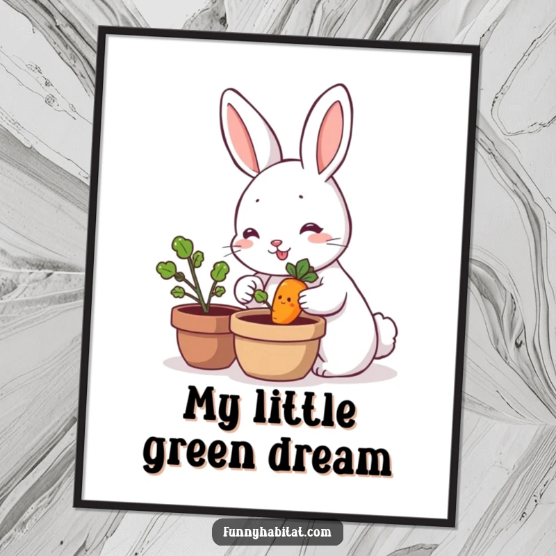 Funny rabbit character watering a tiny smiling carrot plant, a humorous and charming digital art print for decor.