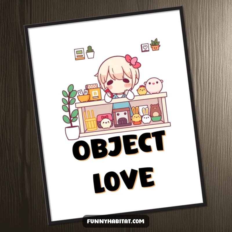 Funny digital art print showing a character happily arranging a small collection of favorite items on a display shelf.