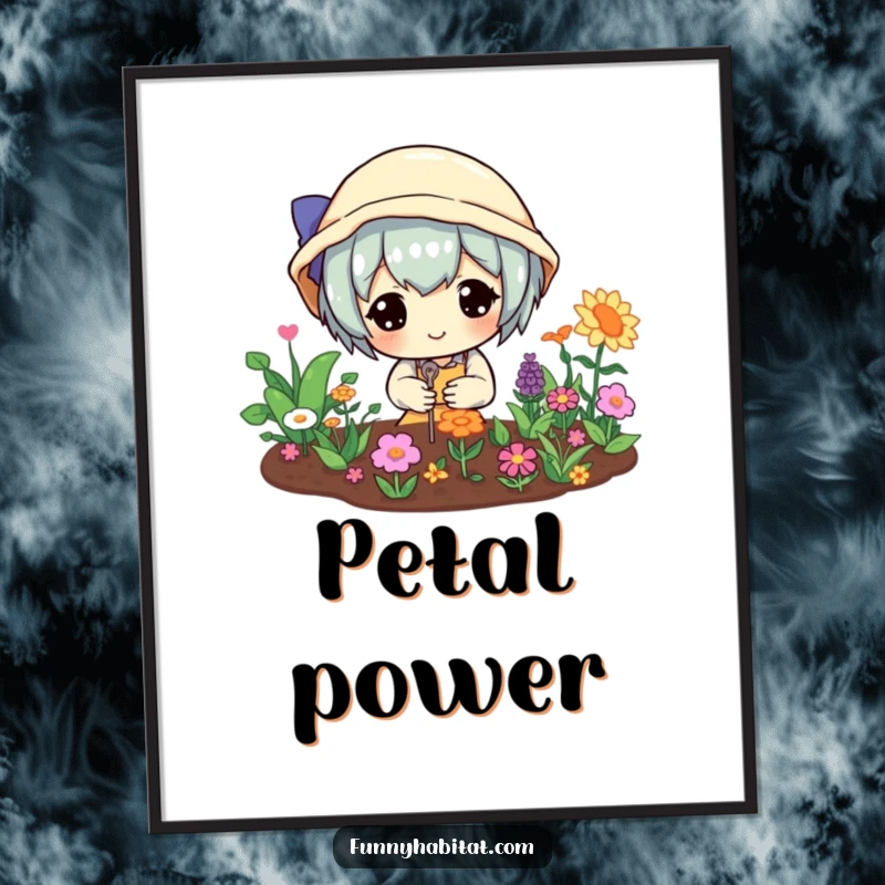 Funny digital art print of a happy character tending a miniature, vibrant garden, offering cheerful and humorous wall decor.