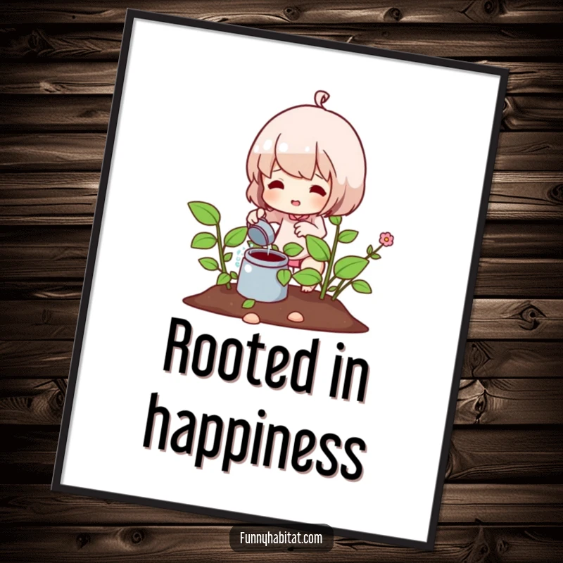 Funny digital art print of a character joyfully watering a lush plant, ideal for bringing a vibrant and humorous touch to any space.