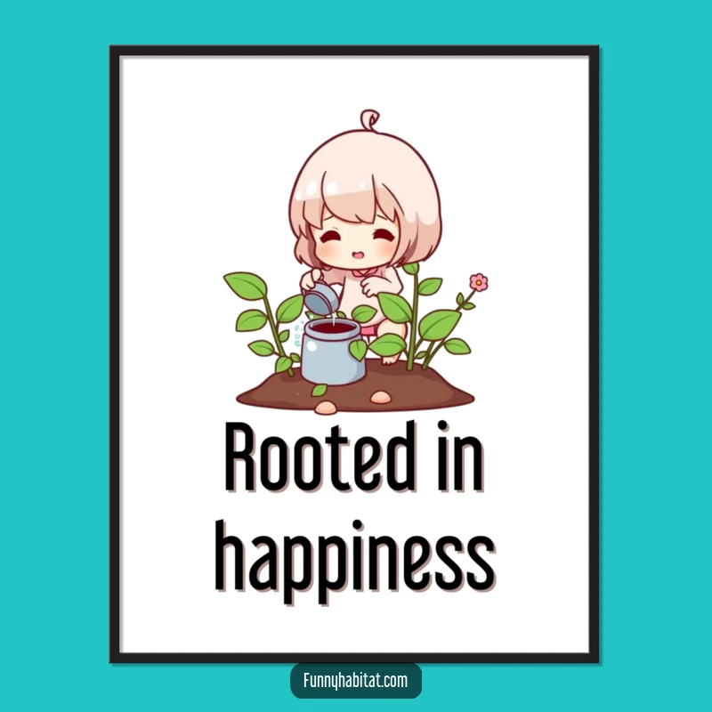 Funny Digital Art Print: Gardener Character Watering Plant Decor