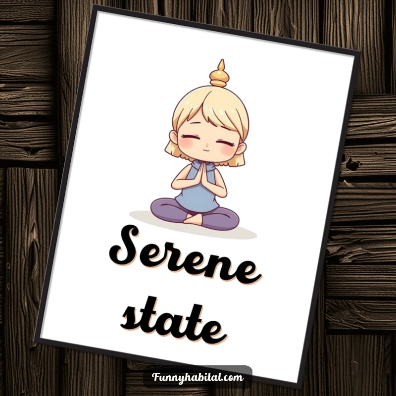 Funny digital art print of a character in a calm, serene yoga pose, offering peaceful and humorous wall decor.