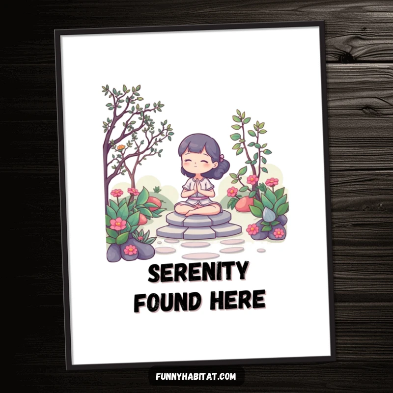 Funny Digital Art Print: A character meditating peacefully in a serene garden, representing pure calm. Instant download gift.
