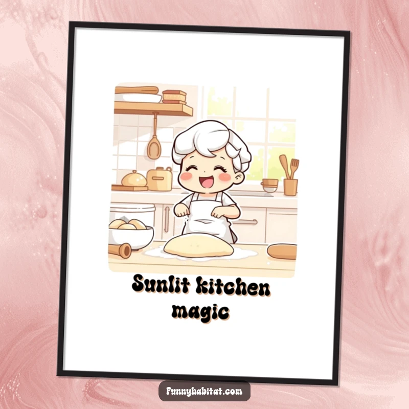 Funny digital art print of a joyful character happily kneading dough in a sunlit kitchen, ready to frame.