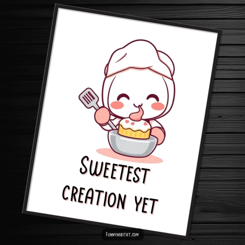 Funny Kawaii Digital Art Print, a cute character with oven mitts smiles while baking a small cake, joyful decor.