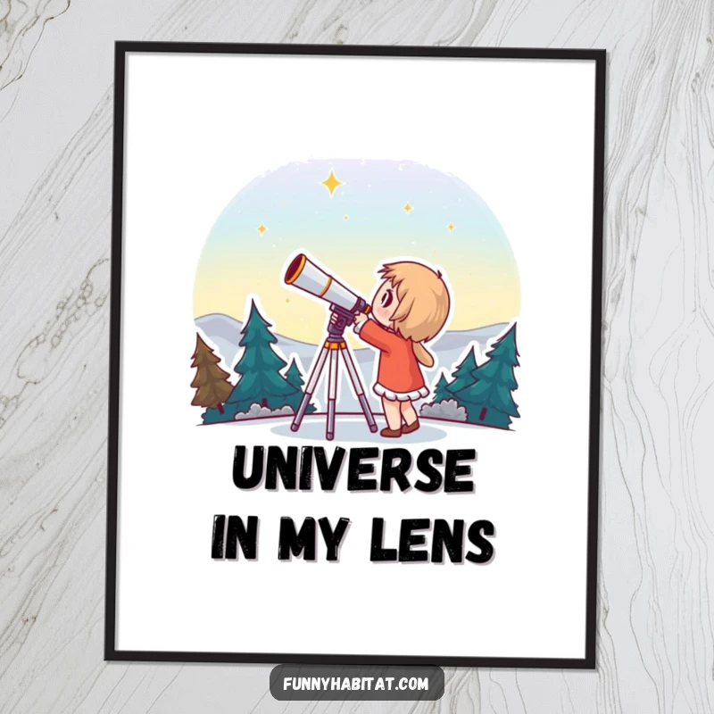 Funny digital art print of a character gazing through a telescope with wonder, capturing the magic of stargazing.