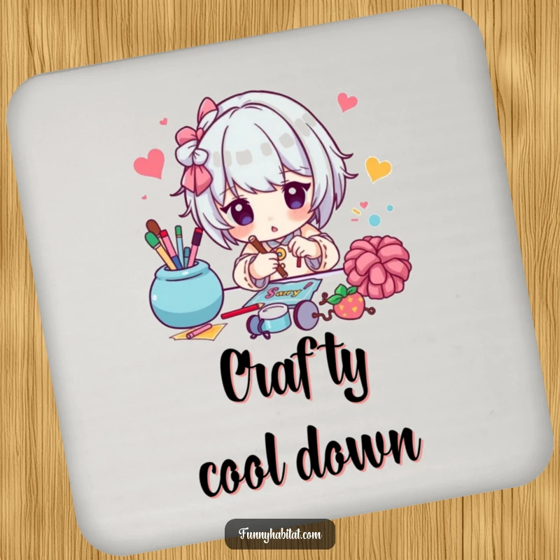 Funny drink coaster showing a character diligently working on a colorful craft project, protecting surfaces with artistic flair.