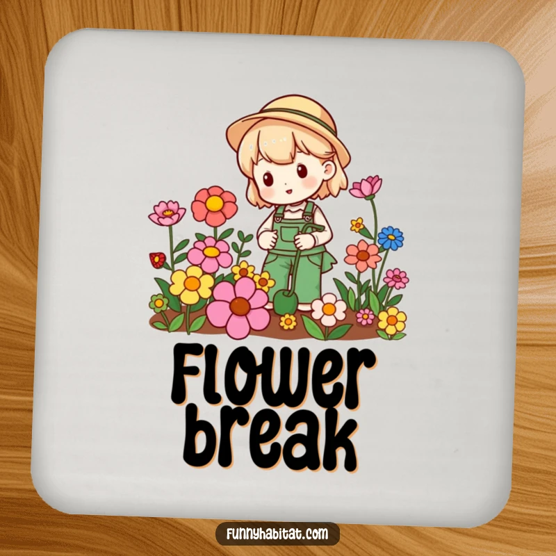 Funny gardening coaster with a joyful character tending blooming flowers, adding a touch of nature-themed humor.