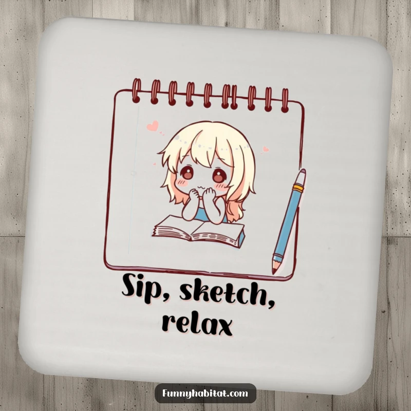 Funny drink coaster set displaying a thoughtful character sketching in a notebook, protecting surfaces with artistic charm.