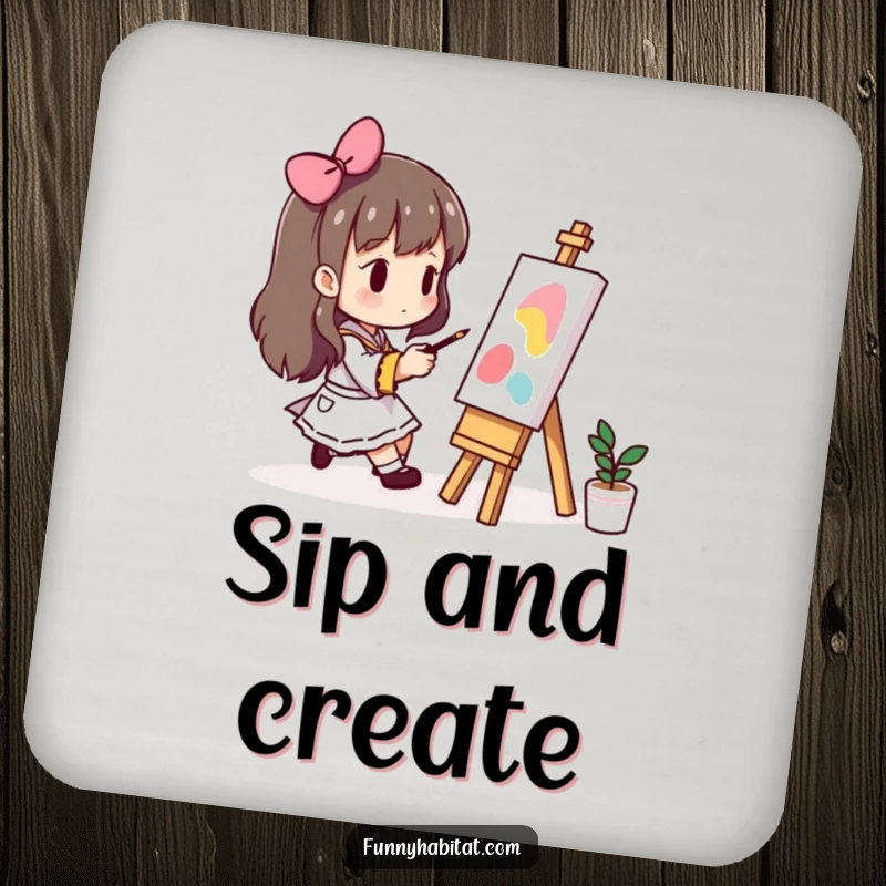 Funny drink coaster depicting a character painting on a small easel, adding inspiring, artistic charm to beverage service.