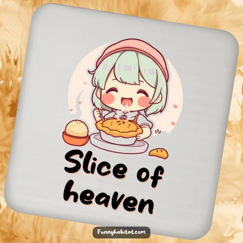Funny drink coaster with a joyful character happily baking a small, steaming pie, protecting surfaces with baking humor.