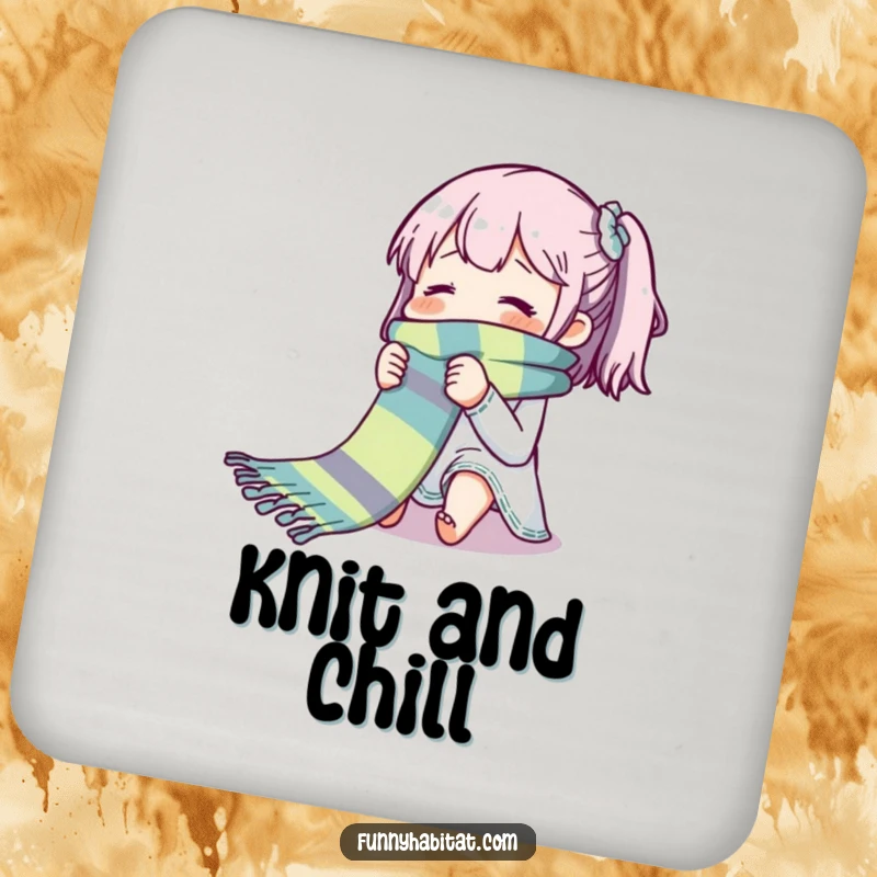 Funny drink coasters featuring a character blissfully knitting a long, colorful scarf; humorous and protective table accents for crafters.