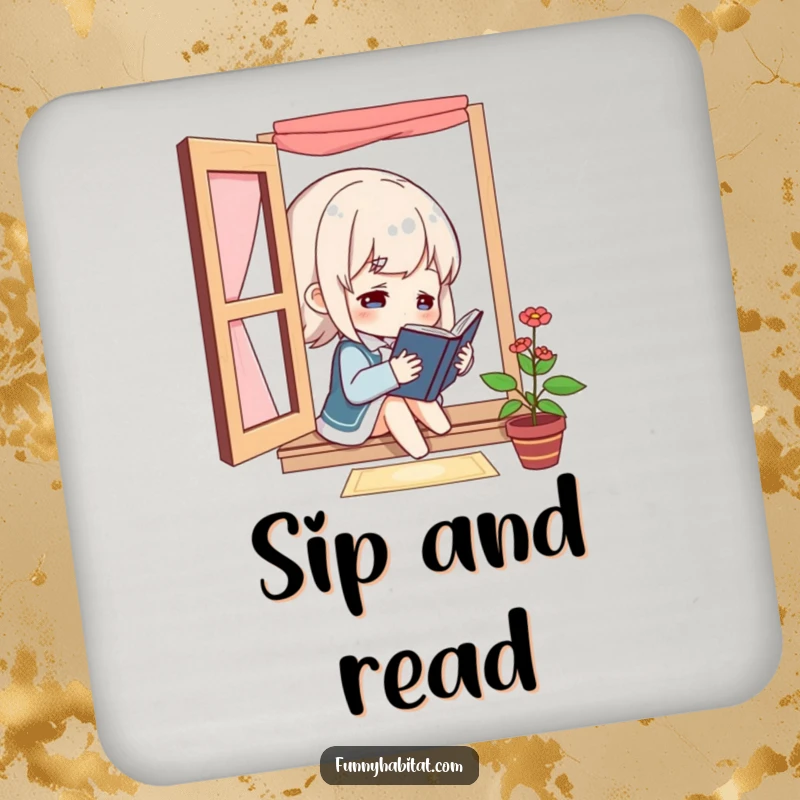 Funny character reading a book by a window on a drink coaster, adding a touch of literary humor to tabletops.