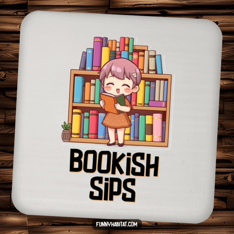 Funny bookworm drink coasters featuring a character organizing a bookshelf, adding a humorous and protective touch to tables.