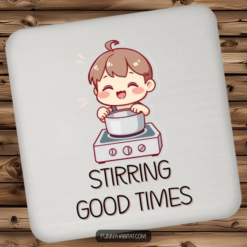 Funny Chef Coaster, a happy character stirs a pot on a stove, protecting tables humorously.